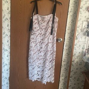 Donna Morgan Lace White Midi Dress with Black Tie Straps Bridal | Bachelorette